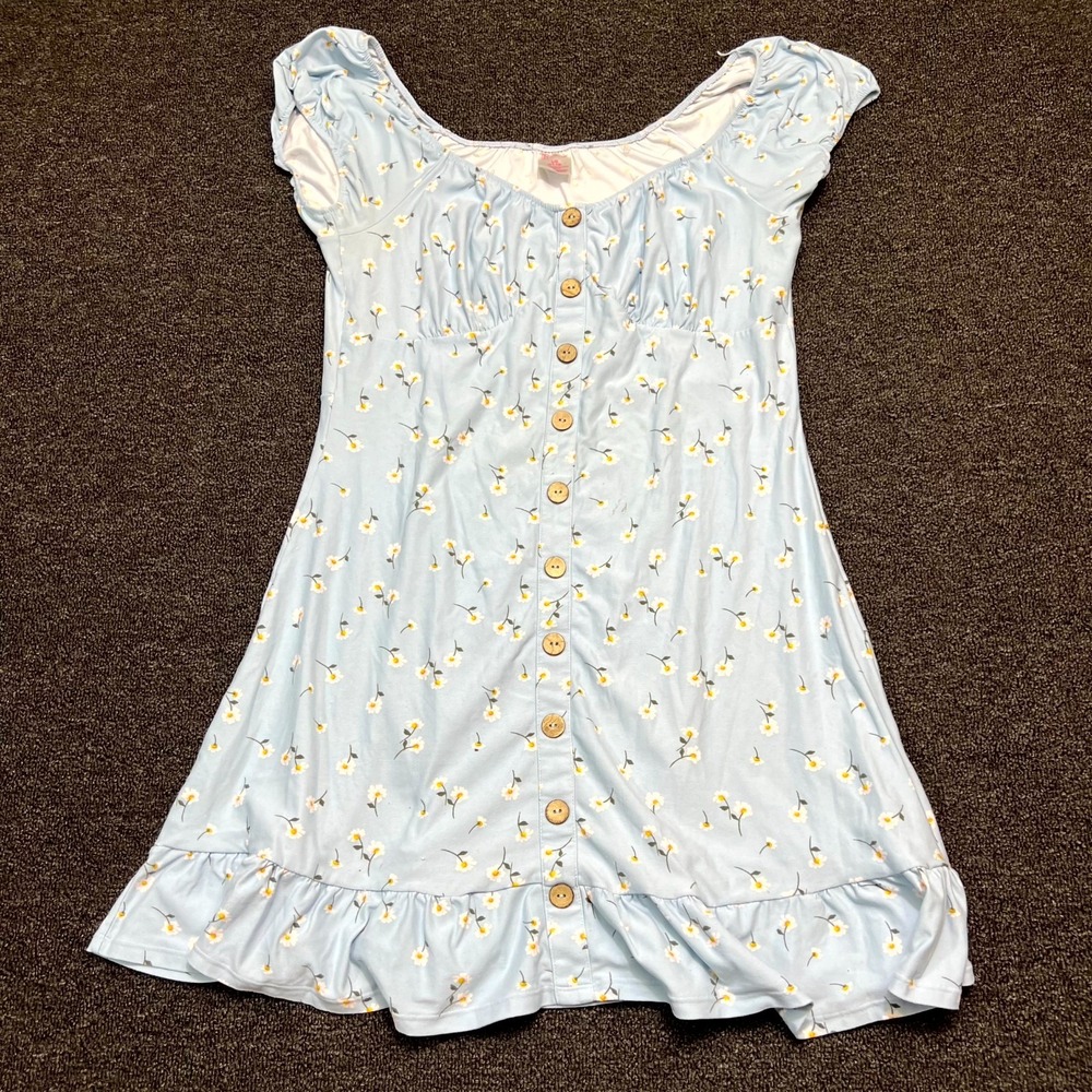 No Boundaries Mini Dress Womens Large (11-13) Blue Ditsy Floral Button Front